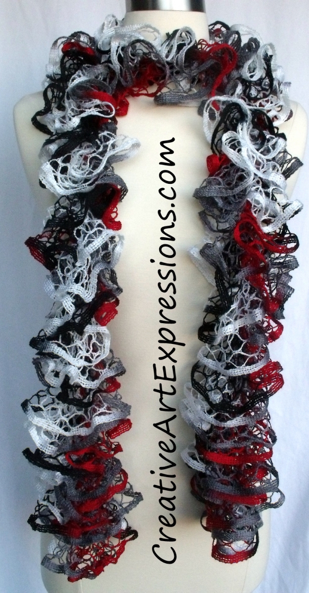 Creative Art Expressions Hand Knitted Red White & Gray Ruffle Scarf