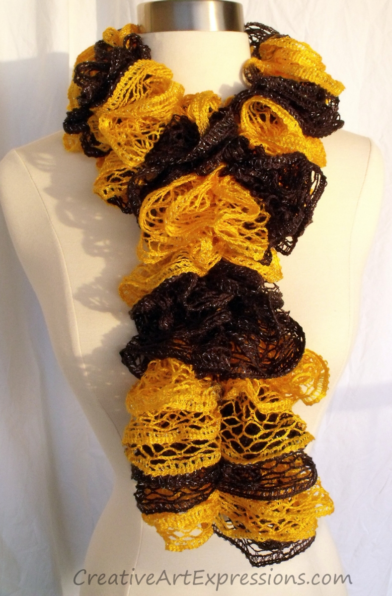 Creative Art Expressions Hand Knitted Black & Gold Ruffle Scarf