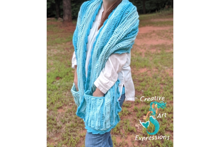 Sea Breeze Pocket Shawl Long in Aqua Seas