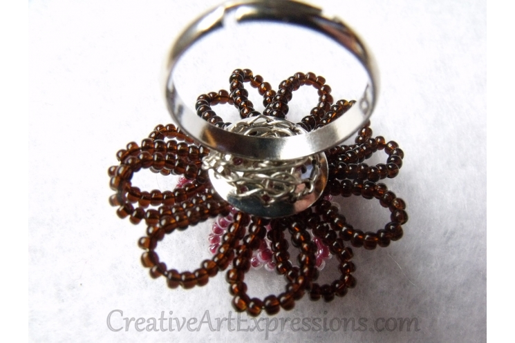 Creative Art Expressions Handmade Seed Bead Wire Wrapped Flower Ring Jewelry