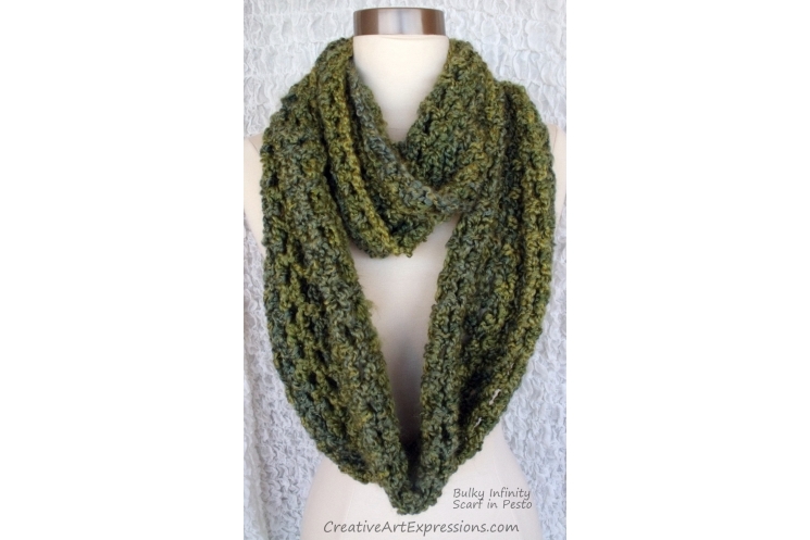 Crocheted Pesto Green Bulky Infinity Scarf