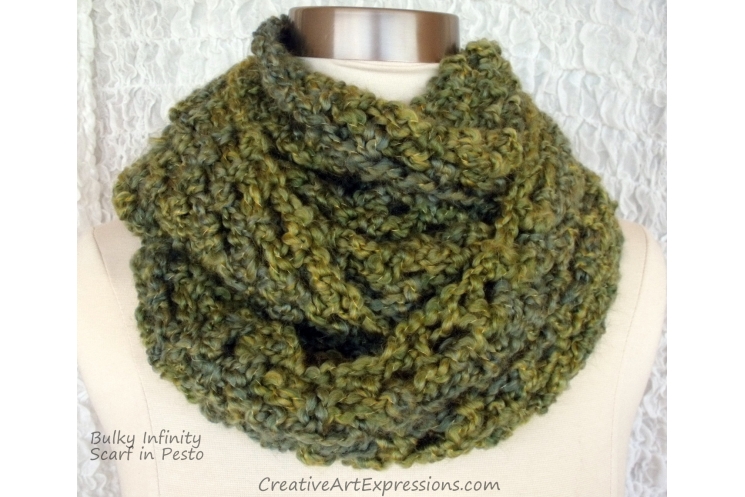 Crocheted Pesto Green Bulky Infinity Scarf