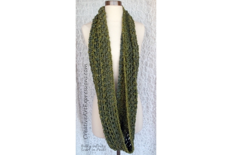 Crocheted Pesto Green Bulky Infinity Scarf