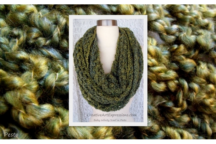 Crocheted Pesto Green Bulky Infinity Scarf