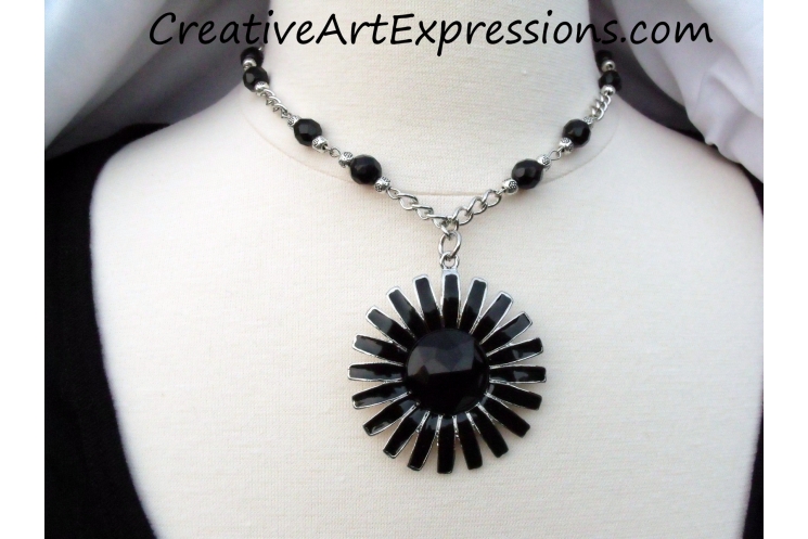 Creative Art Expressions Handmade Black & Silver Zinnia Necklace Jewelry Design