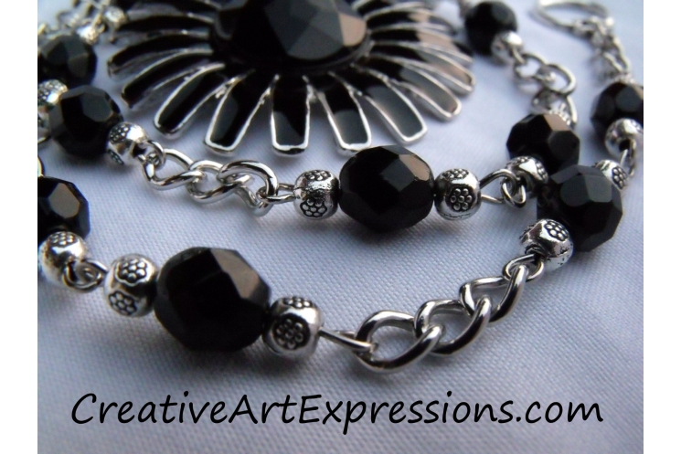 Creative Art Expressions Handmade Black & Silver Zinnia Necklace Jewelry Design