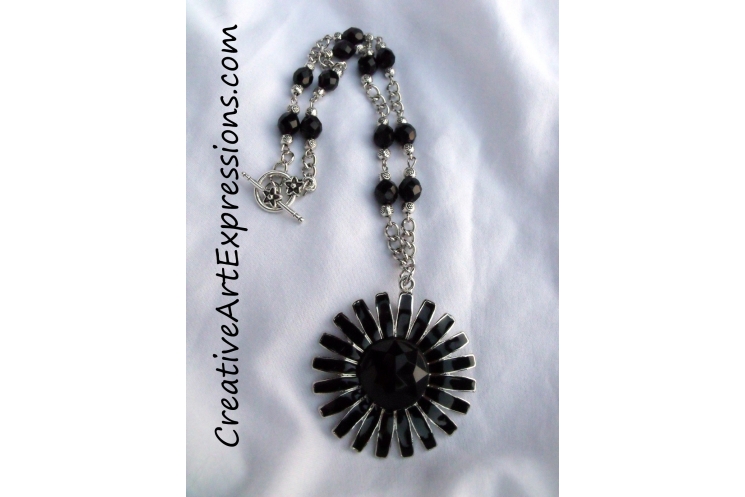 Creative Art Expressions Handmade Black & Silver Zinnia Necklace Jewelry Design