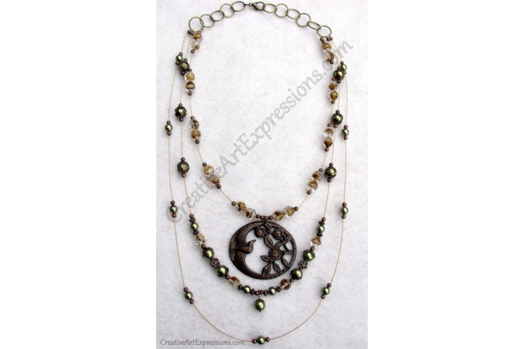 Creative Art Expressions Handmade Brown Green & Brass 3 Strand Bird Necklace Jew