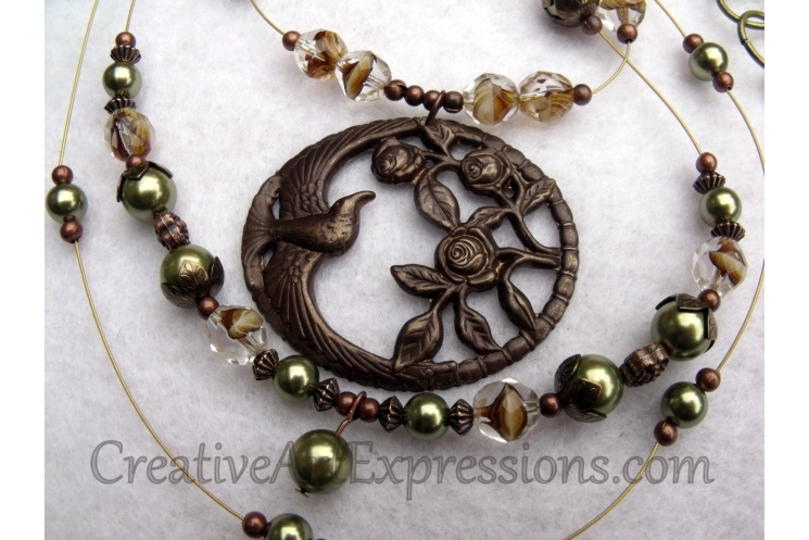 Creative Art Expressions Handmade Brown Green & Brass 3 Strand Bird Necklace Jew