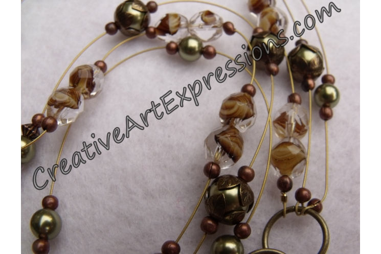 Brown Green & Brass 3 Strand Bird Necklace Jewelry
