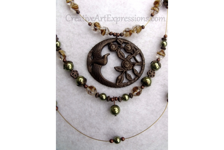 Brown Green & Brass 3 Strand Bird Necklace Jewelry