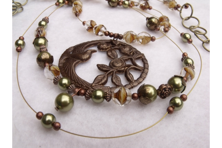 Brown Green & Brass 3 Strand Bird Necklace Jewelry