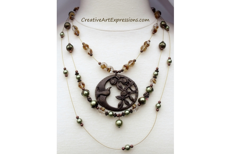 Creative Art Expressions Handmade Brown Green & Brass 3 Strand Bird Necklace Jew