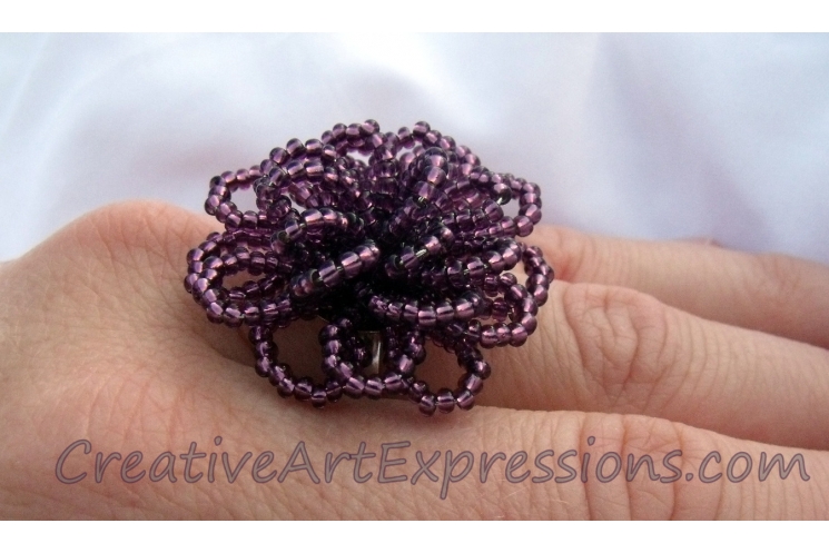 Creative Art Expressions Handmade Amethyst Seed Bead Flower Ring Jewelry Design