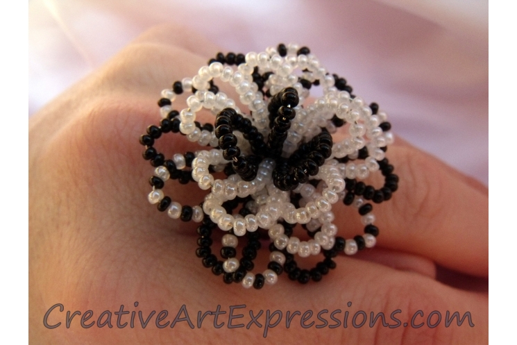 Creative Art Expressions Handmade Black & White Seed Bead Flower Ring Jewelry De