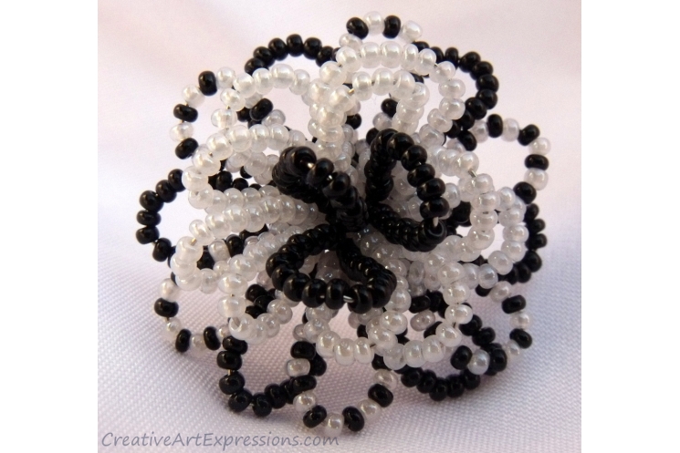 Creative Art Expressions Handmade Black & White Seed Bead Flower Ring Jewelry De