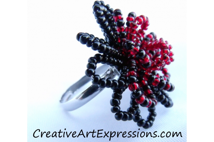 Creative Art Expressions Handmade Black & Red Seed Bead Flower Ring Jewelry Desi