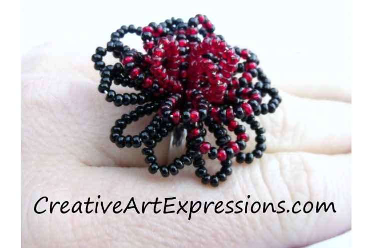 Creative Art Expressions Handmade Black & Red Seed Bead Flower Ring Jewelry Desi