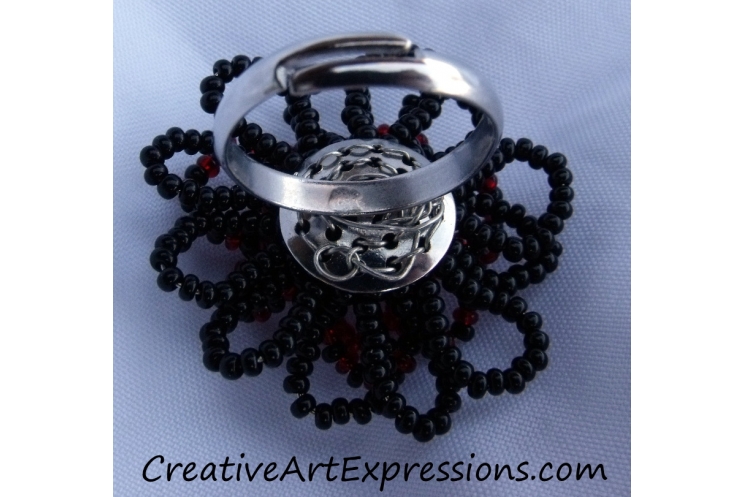 Creative Art Expressions Handmade Black & Red Seed Bead Flower Ring Jewelry Desi