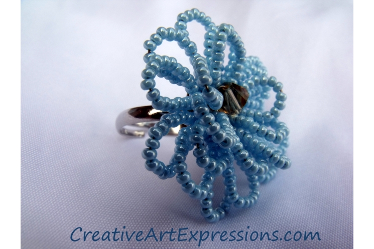 Creative Art Expressions Handmade Baby Blue Seed Bead Flower Ring Jewelry