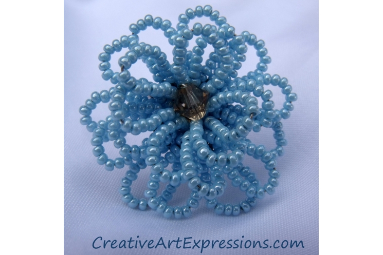 Creative Art Expressions Handmade Baby Blue Seed Bead Flower Ring Jewelry