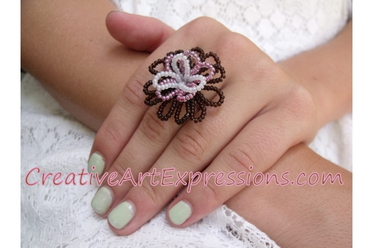 Creative Art Expressions Handmade Seed Bead Wire Wrapped Flower Ring Jewelry