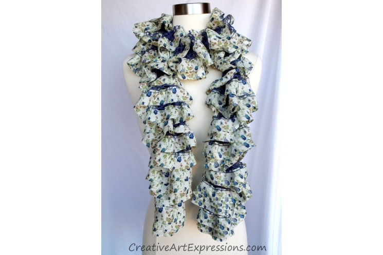 Creative Art Expressions Hand Knit Blue Flora Fabric Lined Ruffle Scarf