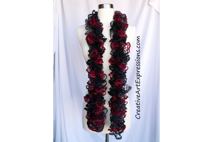 Creative Art Expressions Hand Knitted Red Black & Gray Ruffle Scarf