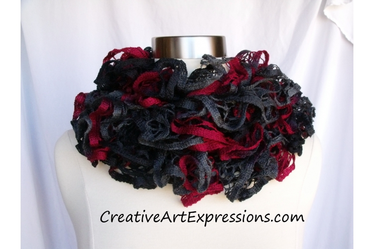 Creative Art Expressions Hand Knitted Red Black & Gray Ruffle Scarf
