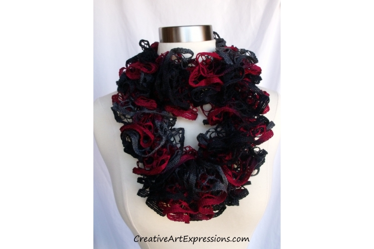 Creative Art Expressions Hand Knitted Red Black & Gray Ruffle Scarf