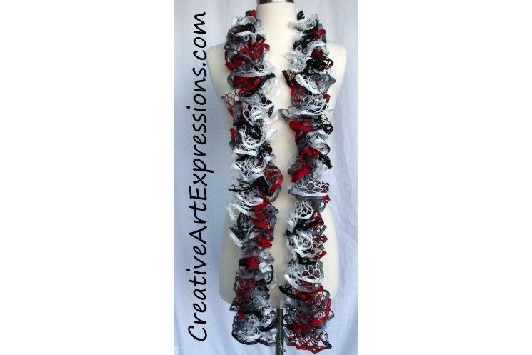 Creative Art Expressions Hand Knitted Red White & Gray Ruffle Scarf