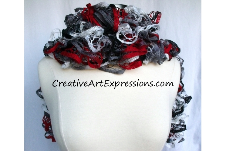 Creative Art Expressions Hand Knitted Red White & Gray Ruffle Scarf