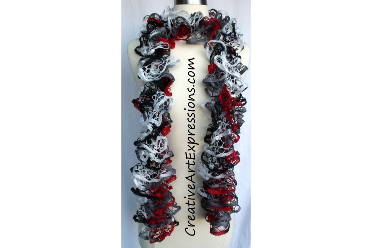 Creative Art Expressions Hand Knitted Red White & Gray Ruffle Scarf