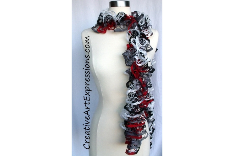 Creative Art Expressions Hand Knitted Red White & Gray Ruffle Scarf