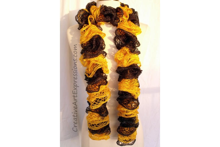 Creative Art Expressions Hand Knitted Black & Gold Ruffle Scarf