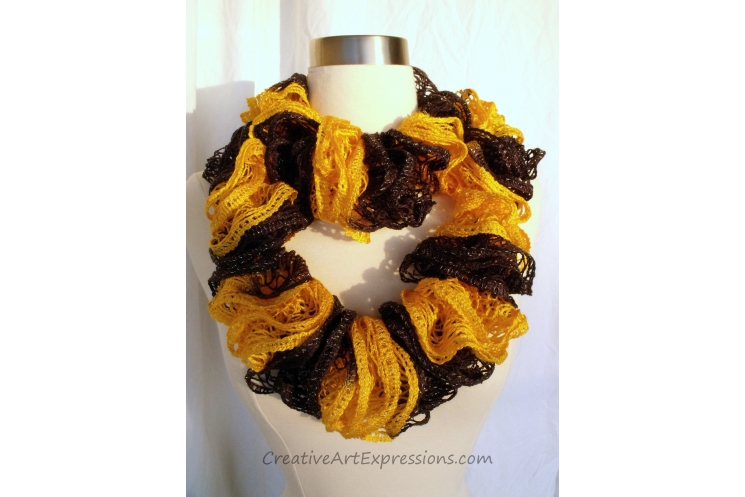Creative Art Expressions Hand Knitted Black & Gold Ruffle Scarf