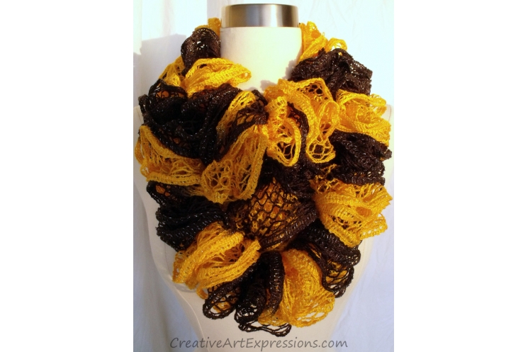 Creative Art Expressions Hand Knitted Black & Gold Ruffle Scarf