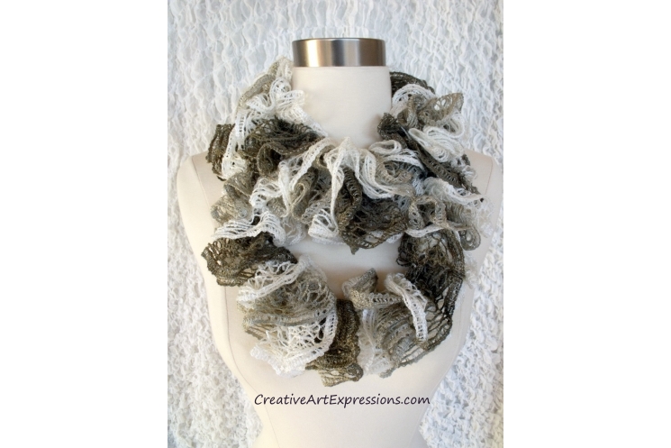 Hand Knitted White Gray & Brown Ruffle Scarf