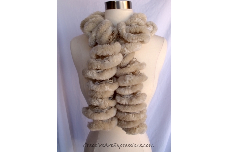 Creative Art Expressions Hand Knit Furry Beige Ruffle Scarf
