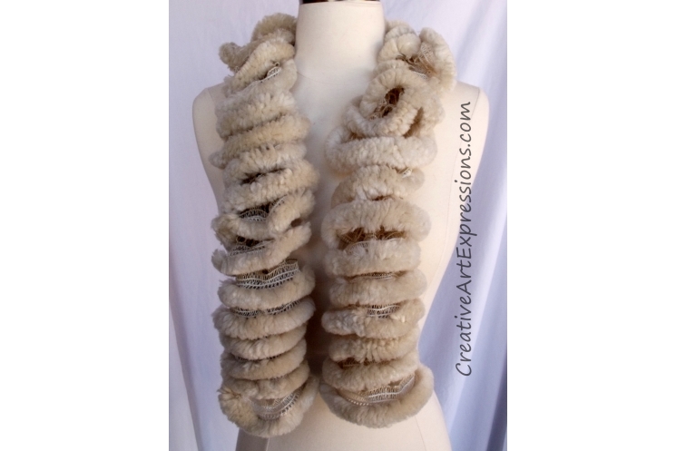 Creative Art Expressions Hand Knit Furry Beige Ruffle Scarf