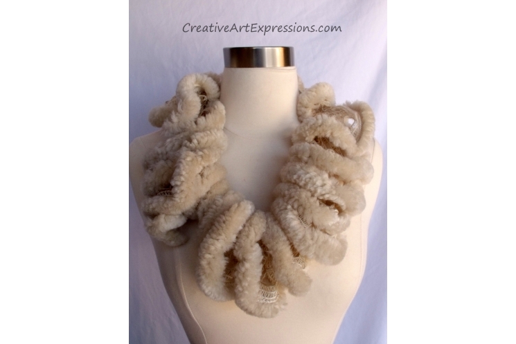 Creative Art Expressions Hand Knit Furry Beige Ruffle Scarf