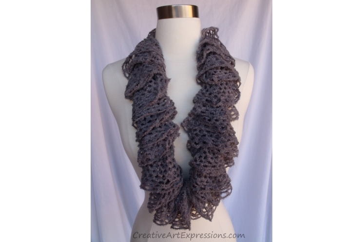 Creative Art Expressions Hand Knit Gray Frill Lace Soft Ruffle Scarf