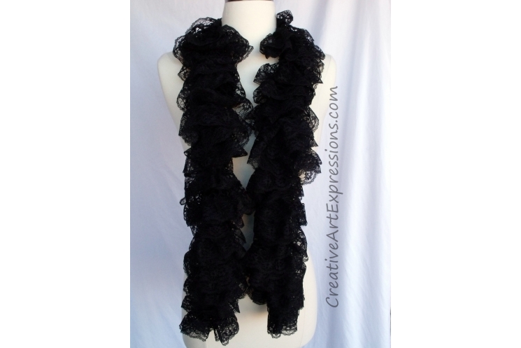 Creative Art Expressions Hand Knit Black Lace Ruffle Scarf