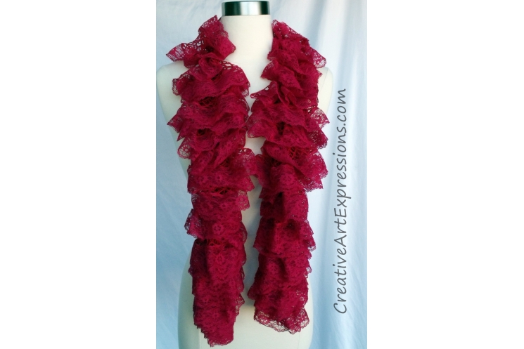 Creative Art Expressions Hand Knit Red Lace Ruffle Scarf