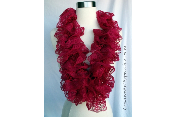 Creative Art Expressions Hand Knit Red Lace Ruffle Scarf