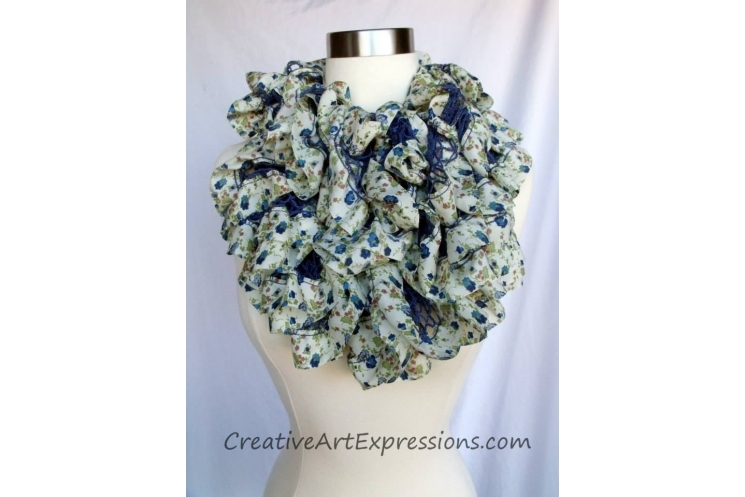 Knit Blue Flora Fabric Lined Ruffle Scarf