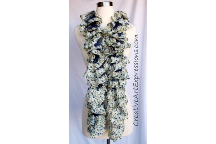 Knit Blue Flora Fabric Lined Ruffle Scarf