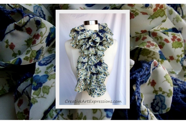 Knit Blue Flora Fabric Lined Ruffle Scarf