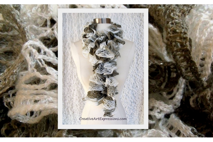 Knitted White Gray & Brown Ruffle Scarf