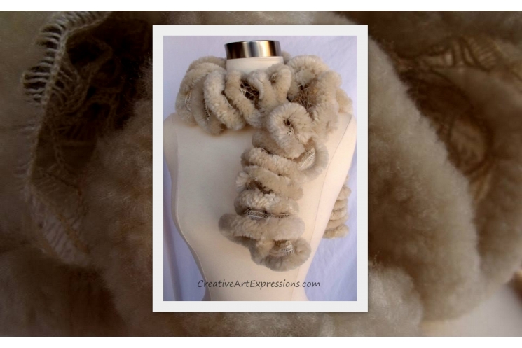 Hand Knit Furry Beige Ruffle Scarf